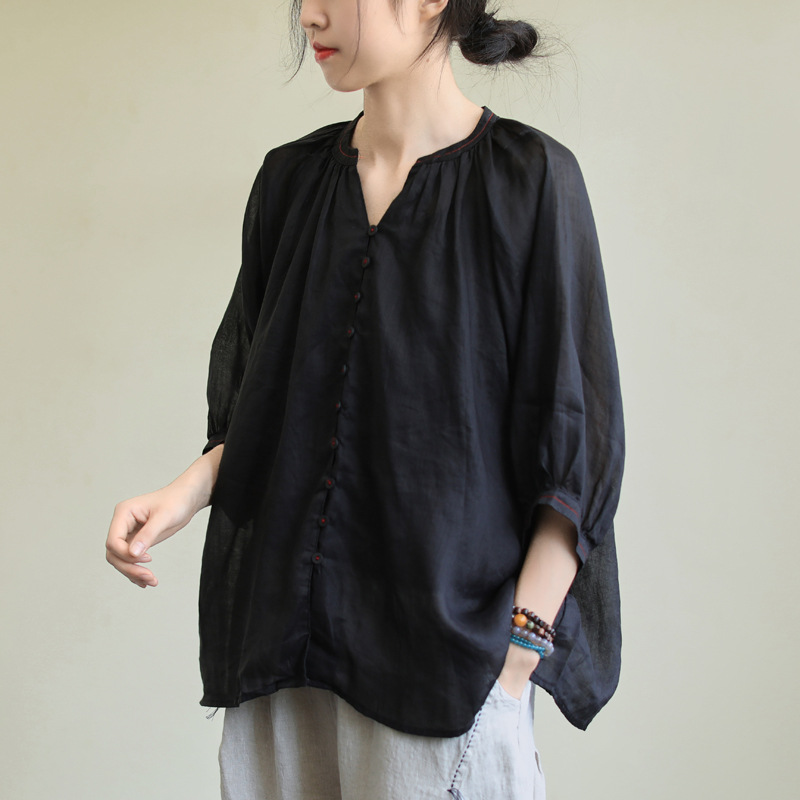 2025 Summer New Artistic Plus-Size Real Photos of New Korean Style Slimming Women's Cotton and Linen T-Shirts for Women