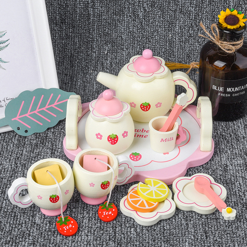 Children's Play Toy Kitchen Simulation Tea Set Boys and Girls Birthday Gift Wooden Afternoon Tea Set