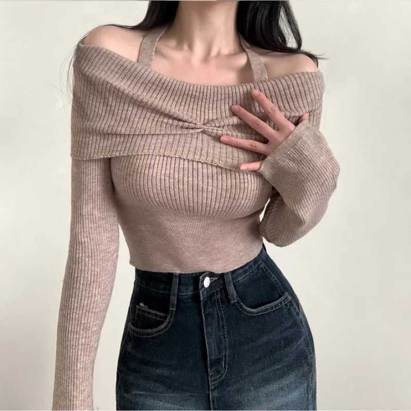 Korean-style Autumn Hanging Neck Collar Shoulder Long Sleeve Simple All-match Base Short Knitted Sweater Top