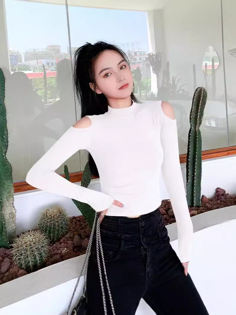 Picture of Shoulder Top Women's Long-sleeved Black New Arrival Navel Wear Autumn and Winter Semi-high Collar Base Shirt Women's Tight T-shirt Fashionable Cotton T-shirt