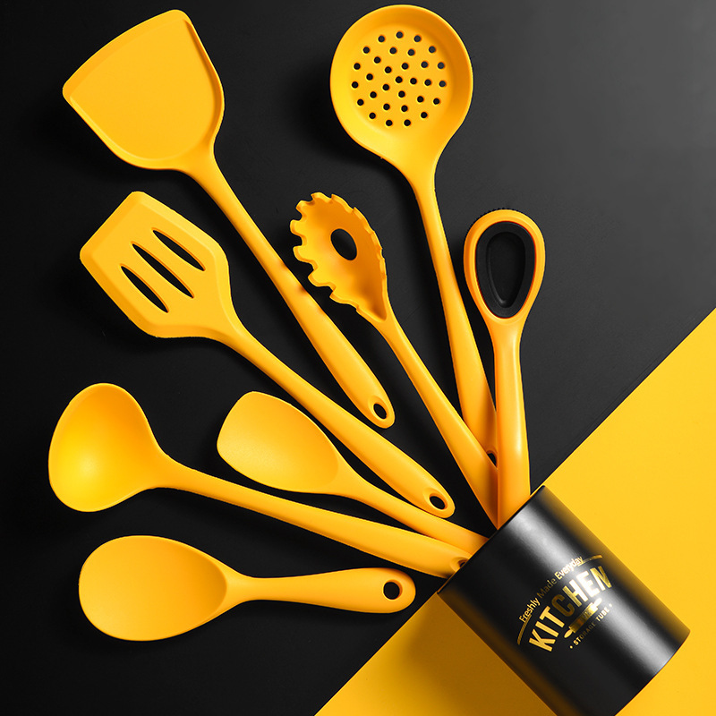 Picture of New Chinese Yellow All-inclusive Silicone 8-piece Kitchen Tools Kitchenware Set Cooking Shovel Spoon Stir-frying Shovel with Storage Bucket