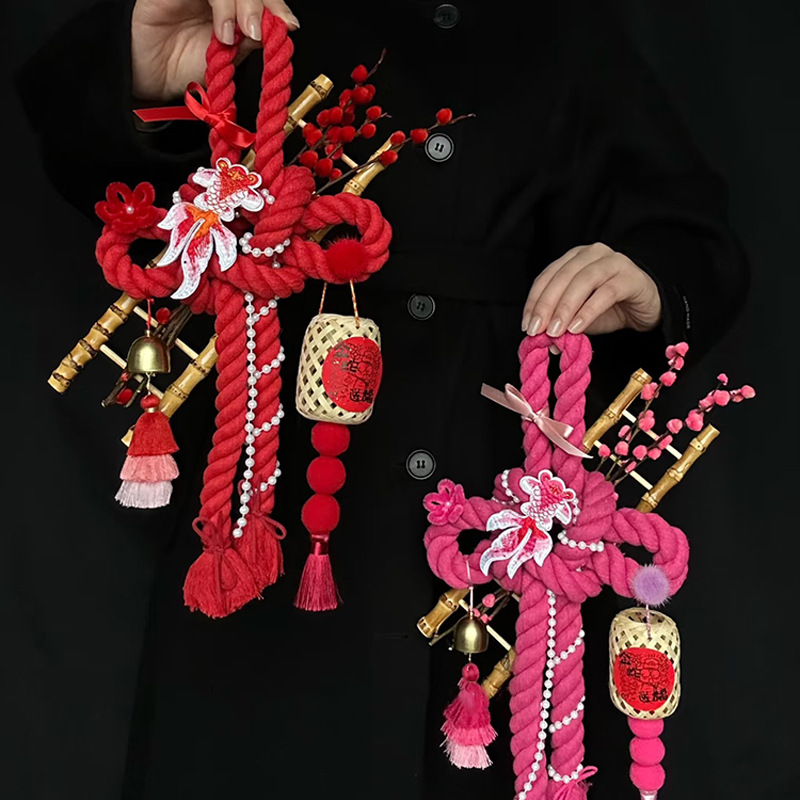 New Year Chinese Knot Cotton Rope Pendant Handmade DIY Gift Material Happy Character Honeycomb Ball Chinese Style Decoration Flower Shop Red Rope