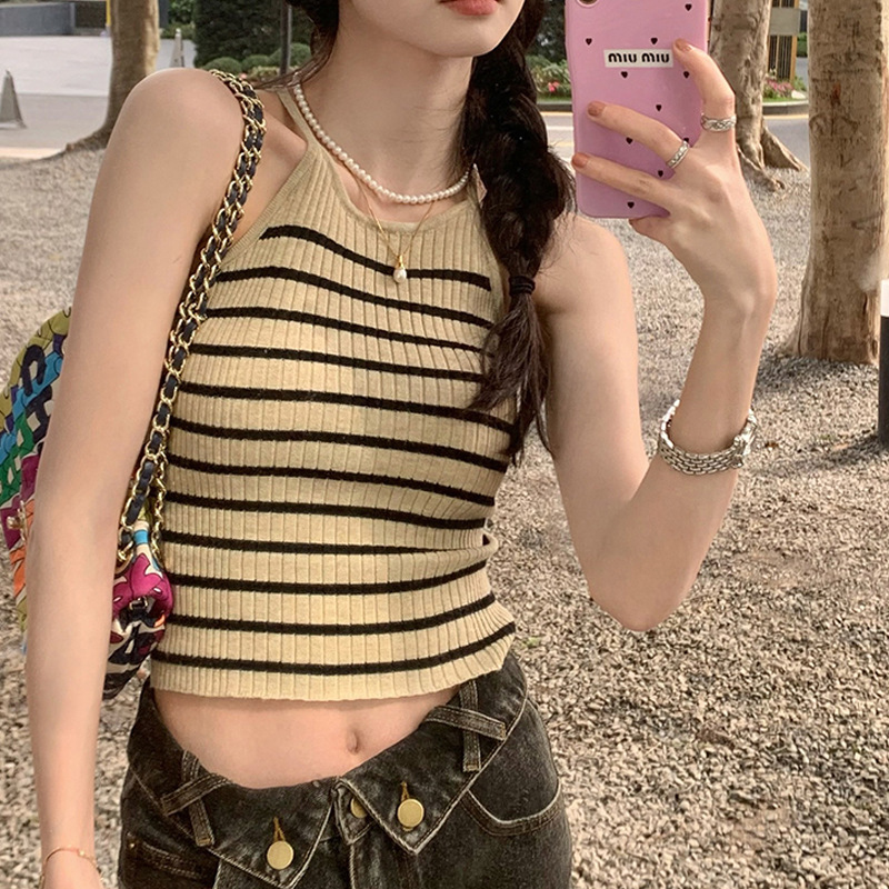 Hot girl knitted camisole women's inner wear slim bottoming short beauty back outer wear sexy backless top 2023