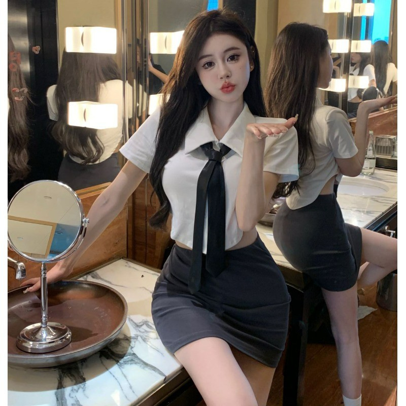 Spice Girls Slim-fit Short-sleeved polo Collar Top Tie Jacket + Short Skirt French Design Sense Pure Wish Hip Dress Set