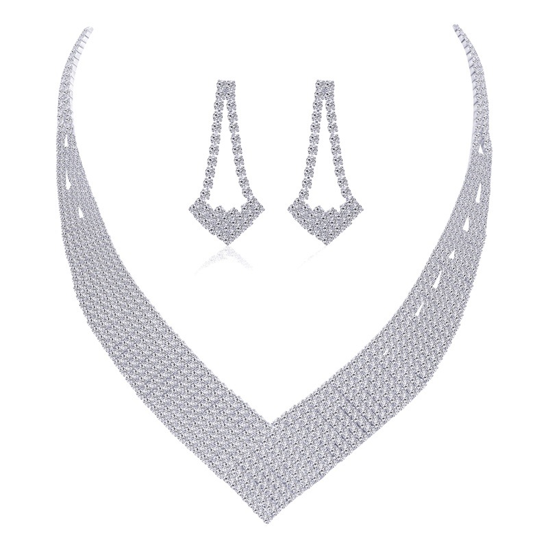 Amazon's Popular European and American Necklace Exaggerated Earrings Set European and American Rhinestone Necklace Bridal Jewelry Chain Banquet Set Chain