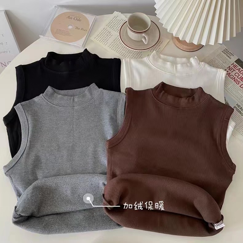 Hot girl brushed thermal vest women's half high round neck undershirt outer wear thickened heating slim sleeveless top