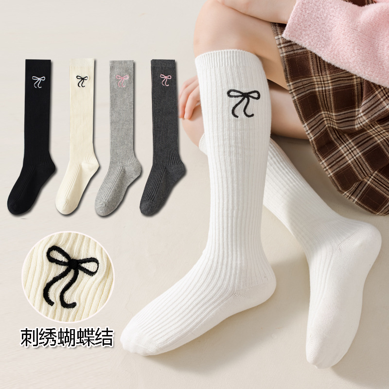 Picture of Children's socks autumn and winter new girls bow embroidery stockings academic style calf socks children's high cotton socks