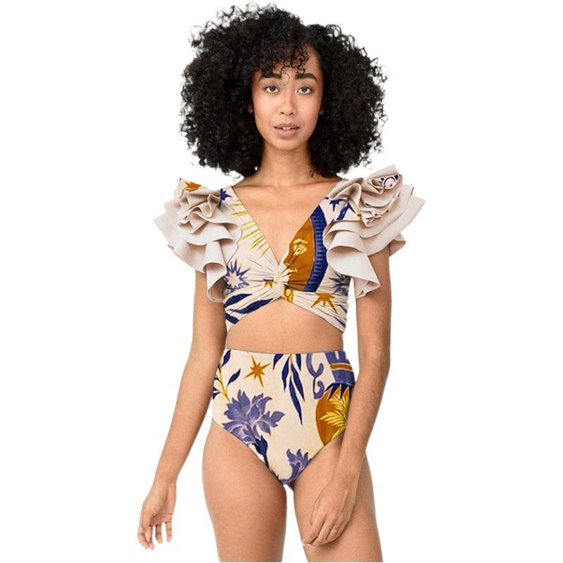 2024 European and American New Bikini Shoulder Ruffled Ethnic Style Printed Split Swimsuit 2328