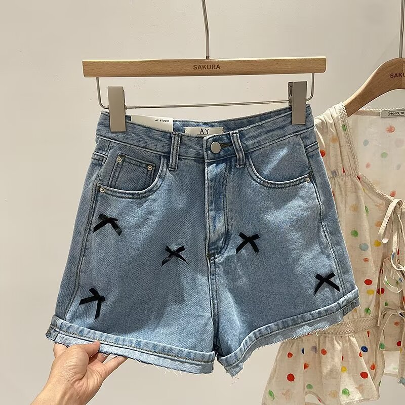 2024 New Fashion Bow Decorative High Waist Straight Casual Shorts Summer Solid Color Simple Denim Shorts