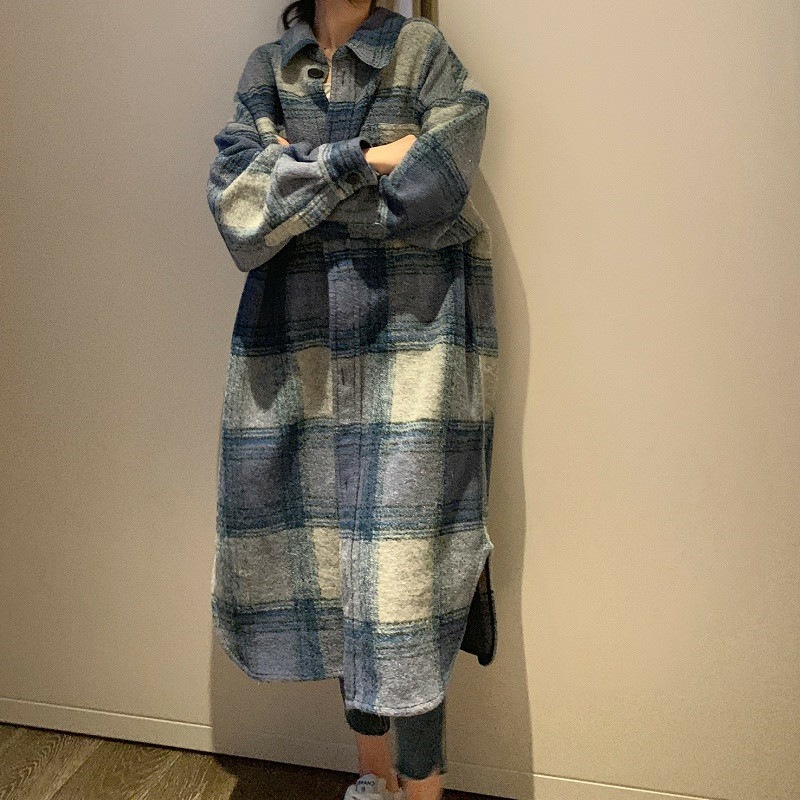 French Niche 21 Spring New Style Loose Double Flap Pocket Pants Plaid Woolen Outwear Silhouette Plaid Long Outwear for Women