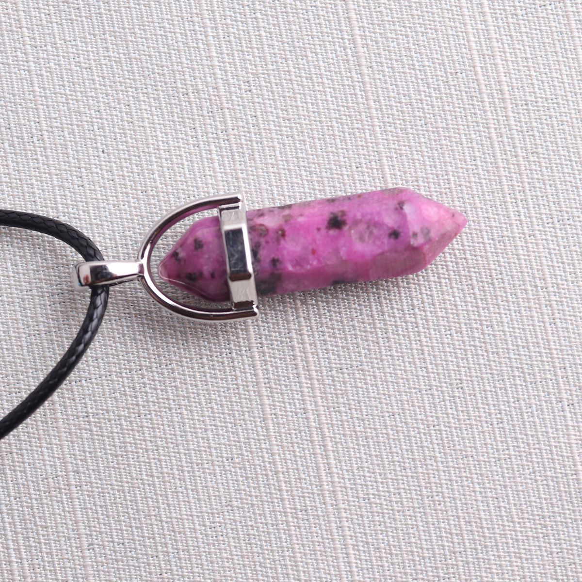 Picture of Natural Stone Hexagonal Pendant European and American Natural Crystal Hexagonal Prism Bullet Hexahedral Black Wax Rope Necklace