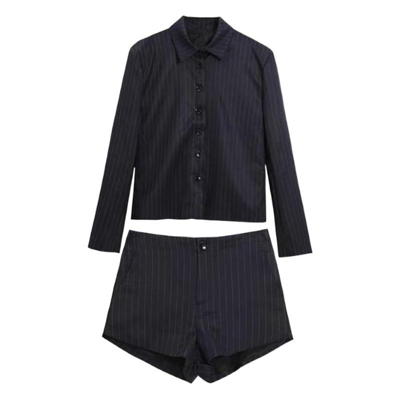 Pure Desire Hot Girl Style Navy Blue Striped Long Sleeve Shirt Slim Suit Shorts Suit Women's Spring and Autumn Two-Piece Set