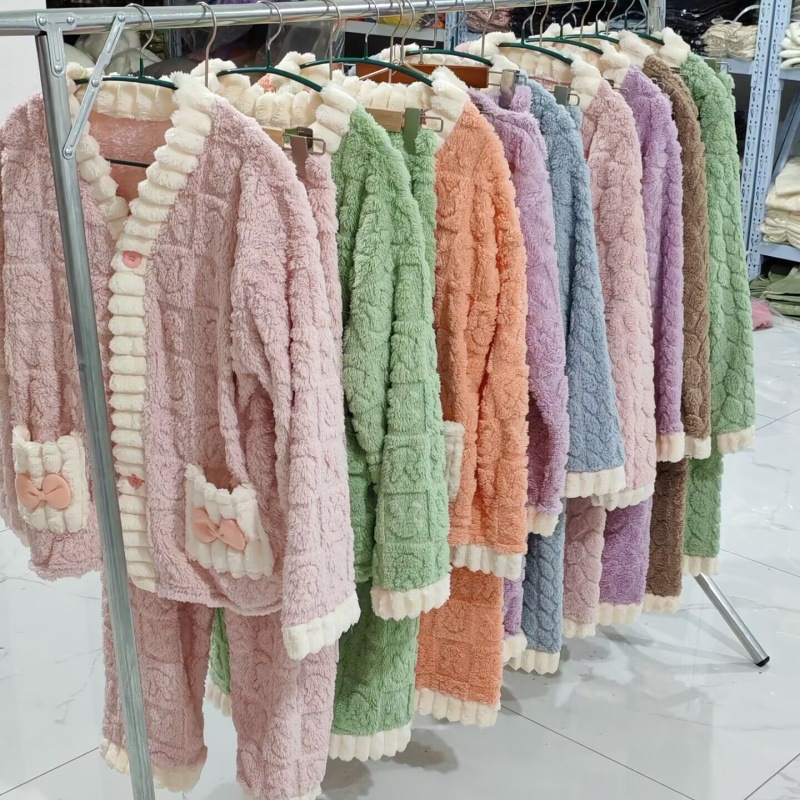 Coral velvet pajamas with fleece thickened rabbit head jacquard set women's autumn and winter 2025 bow sweet style