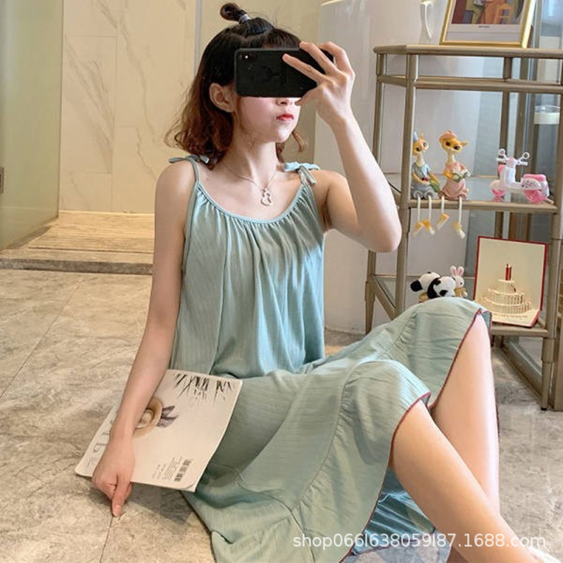 New ins Style Sling Dress Nightwear Women's Summer Mid-length Student Cute Girl's Sweet Pajamas Home Clothes