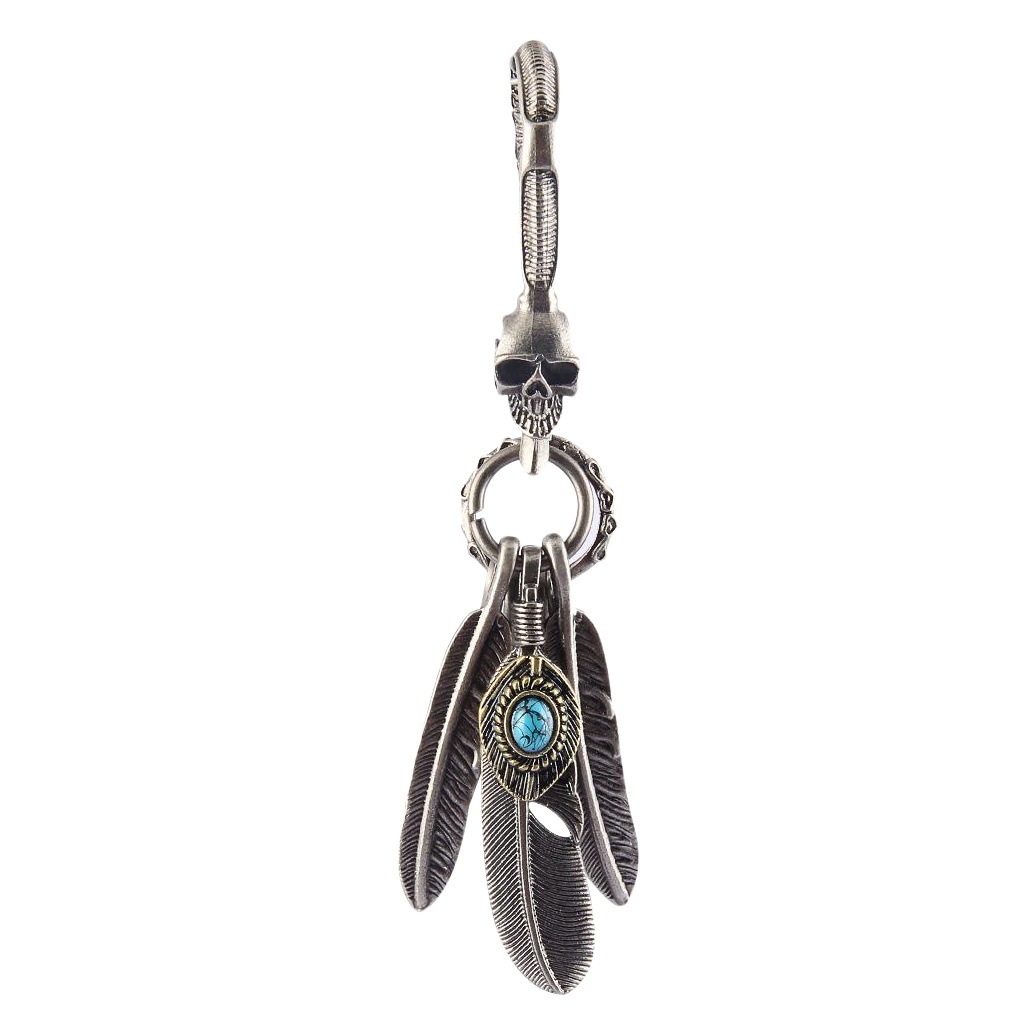 Business gifts fashion trendy antique silver style keychain feather inlaid turquoise creative waist ornaments