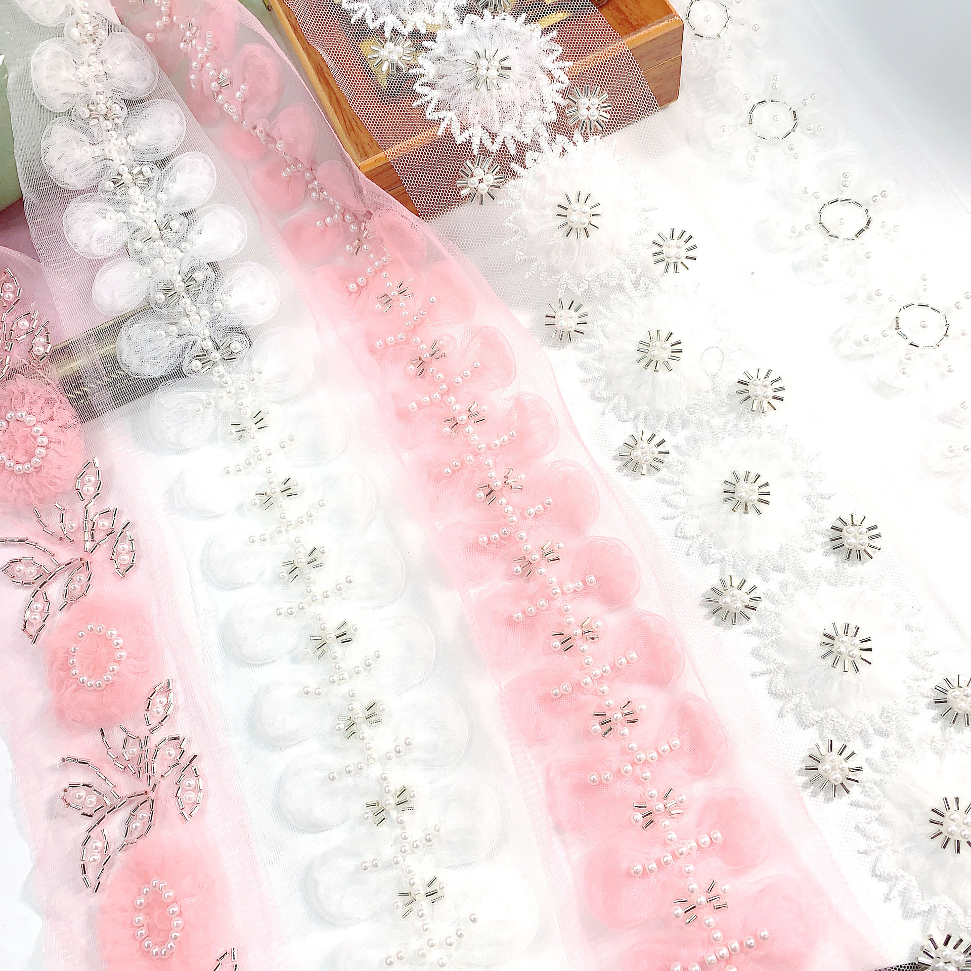 Mesh Pleated Bead Accessories DIY Wedding Dress Clothes Material Decorative Fabric Handmade Gauze Flower Lace Embroidery Lace