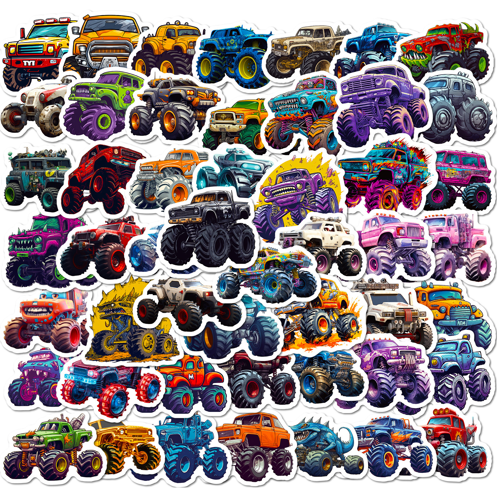 50 sheets Monster Truck Stickers Cartoon Car Big Car Truck Transportation Graffiti Cool Decorative Stickers