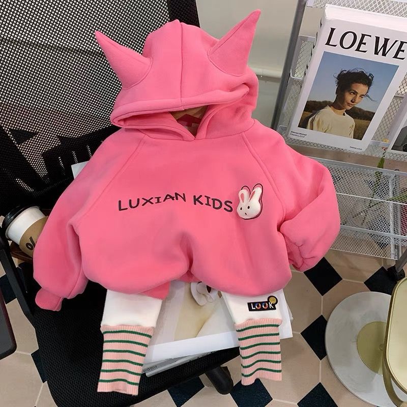 Girls' Hooded fleece-lined sweater autumn and winter New style baby girls' Western style warm top one-piece sweater fleece-lined thickened