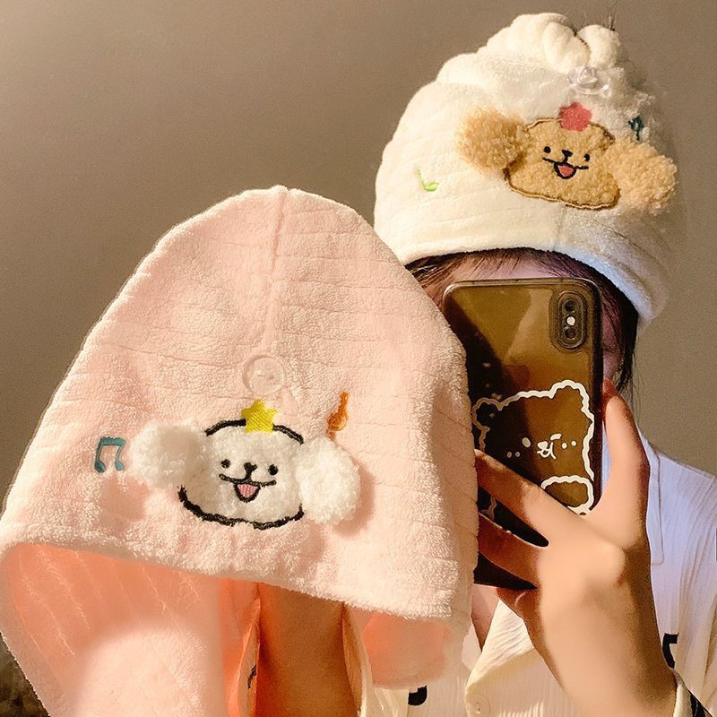 Cute Puppy Notes Dry Hair Cap Coral Fleece Turban Quick-Drying Water Absorbing Student Adult Household Bath Shower Cap