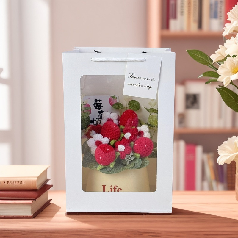 Picture of Creative bouquet knitted flowers diy material hand-woven potted finished desktop ornaments send goddess send mother