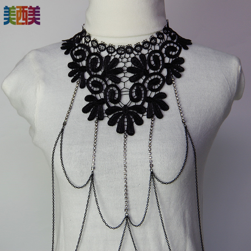 Picture of Meimei body chain jewelry black lace multi-layer diamond chain tassel necklace body chain