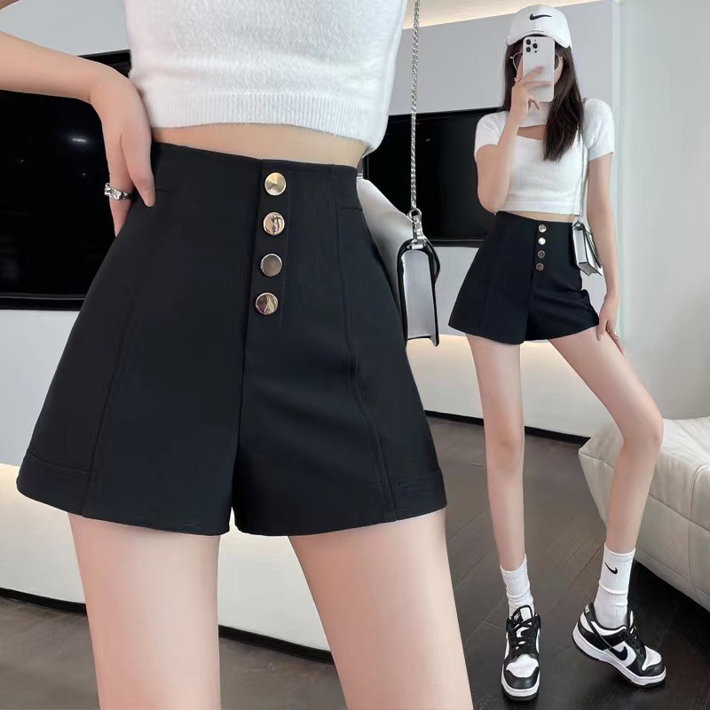 20203 New All-match Shorts Tight Waist Anti-glare Summer Women's Decorative High Waist Slimming Casual Pants Black