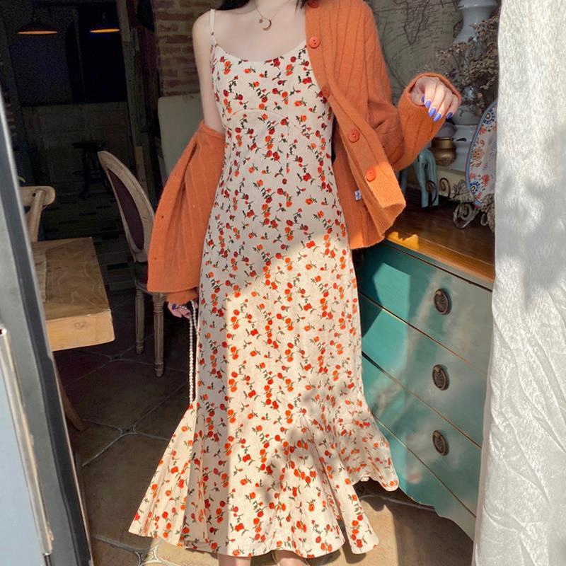 Floral Sling Dress Women's Spring and Summer 2023 New First Love Style French Retro Design Fishtail Long Dress