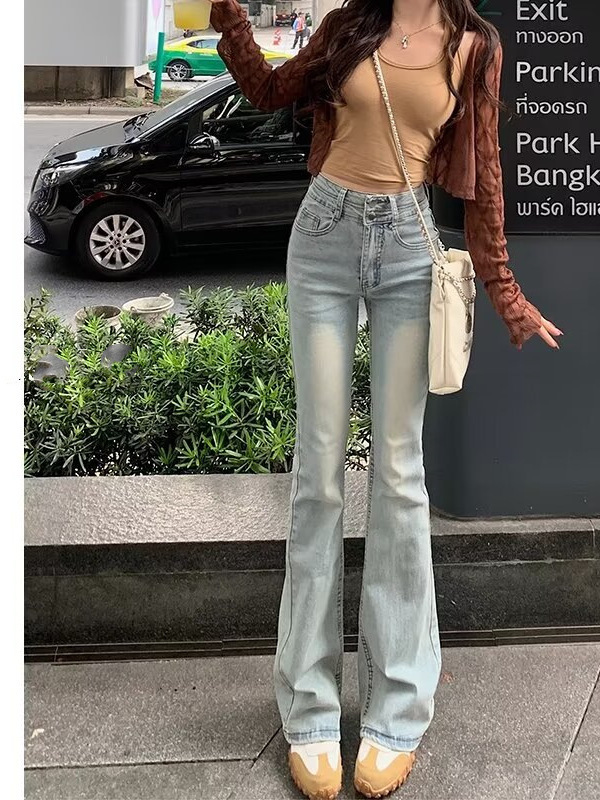 Washed Blue Micro La Jeans Women's Autumn 2024 New High Waist Stretch Slim Fit Horn Horn Pants