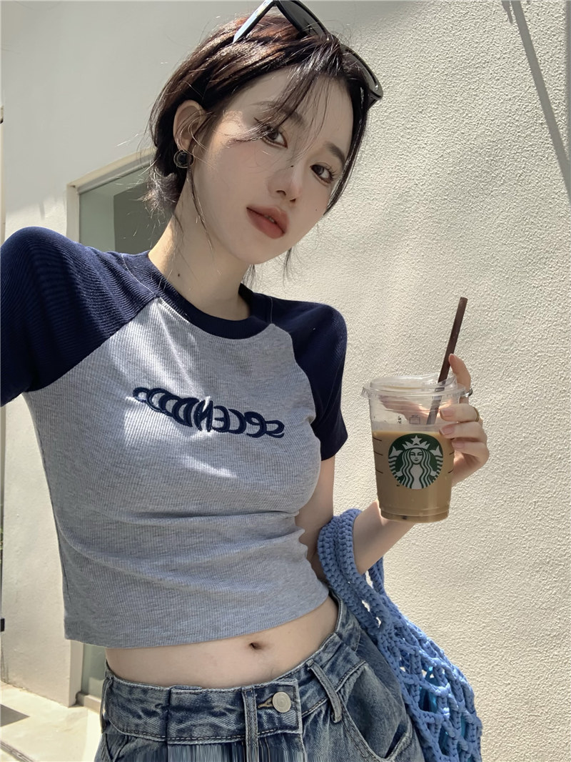 Pink Skinny Sweet Spice Girl Tight Cute French Short Top Women's Slim-fit Summer Niche Color Contrast Short-sleeved T-shirt