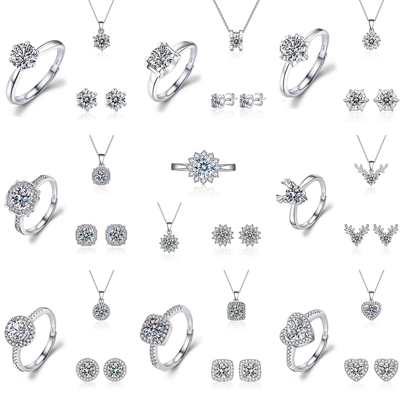 Imitation moissanite six-claw earring necklace ring three-piece set zircon temperament pendant ear ring jewelry set