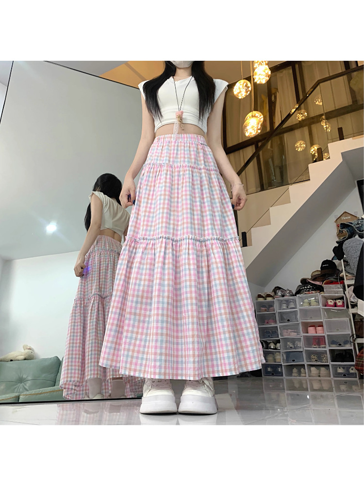 Sweet pink plaid A-line cake skirt women's autumn dopamine outfit loose slimming large hem midi skirt