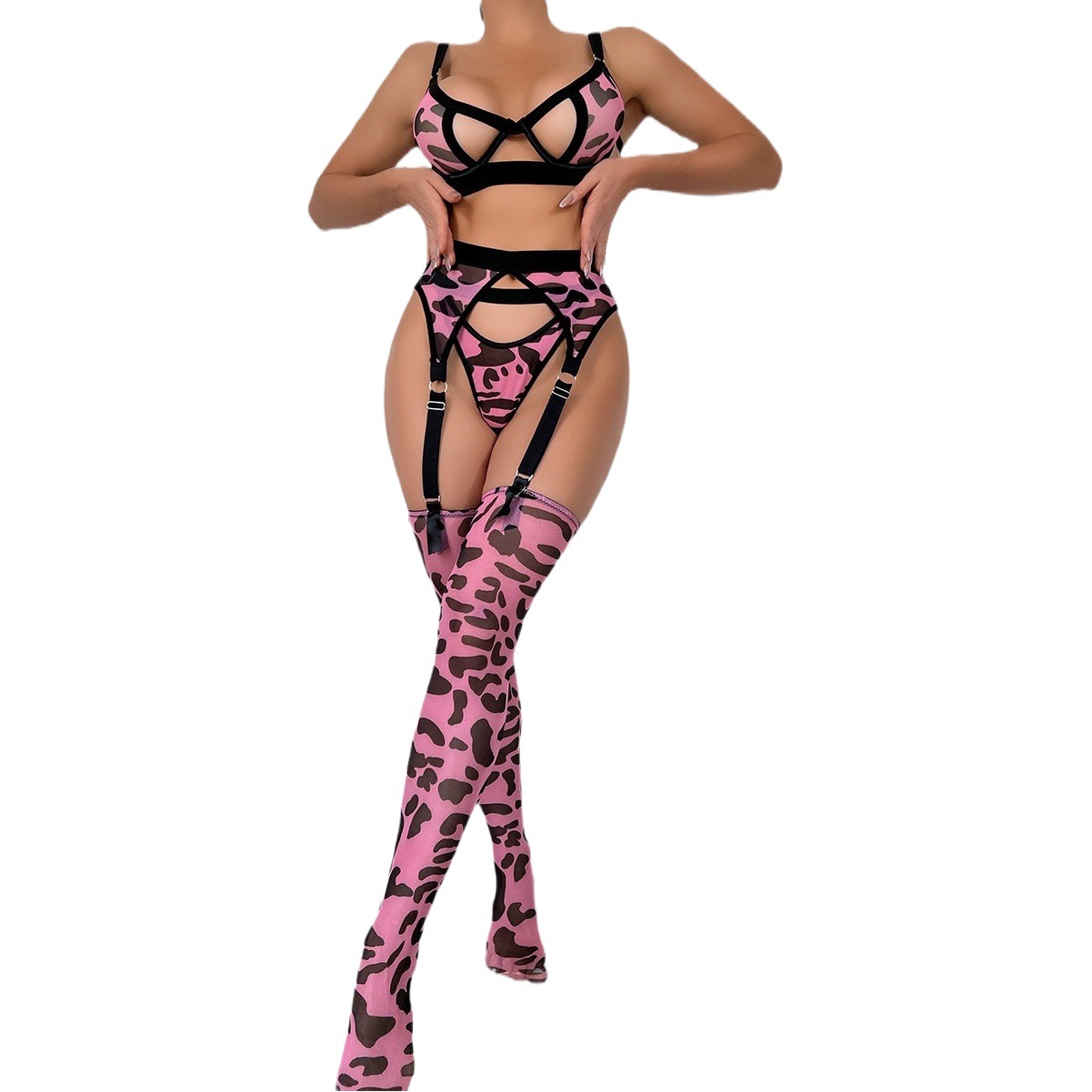 Europe and the United States cross-border foreign trade hot sexy underwear four-piece zebra perspective sexy with leg socks underwear in stock 2614