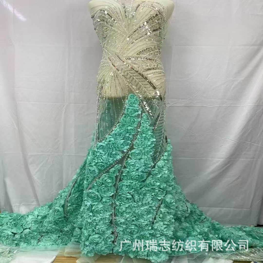 Mint green mesh three-dimensional rose bead tube sequin embroidered gown fabric EMBROIDERY AFRICAN LACE