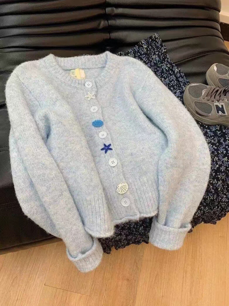 Picture of Korean Style Soft Waxy Lazy Style Blue Sweater Coat Women's Autumn High-end Loose Slimming Knitted Cardigan Top Trendy