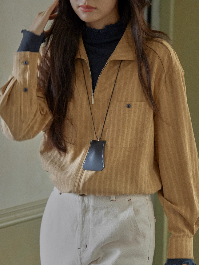 Solighter French Retro Stripesd Zipper Shirt Women's Autumn and Winter Long-Sleeved Tops