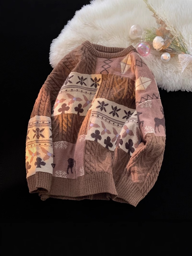 Japanese Retro Sweater Winter Loose Outer Wear Top Fashional Brand Laid-back Crewneck Pullover Sweater Christmas Sweater