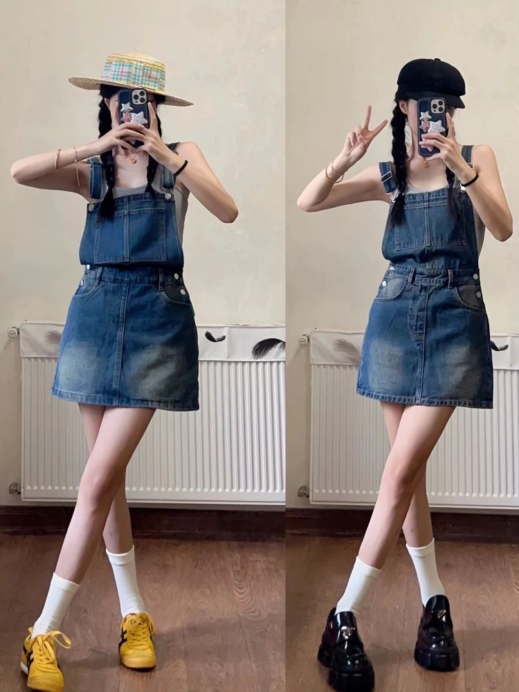 Vintage Denim Suspender Dress for Women, 2025 Spring/Summer New Korean Style, Versatile, Slimming Design, Niche Dress