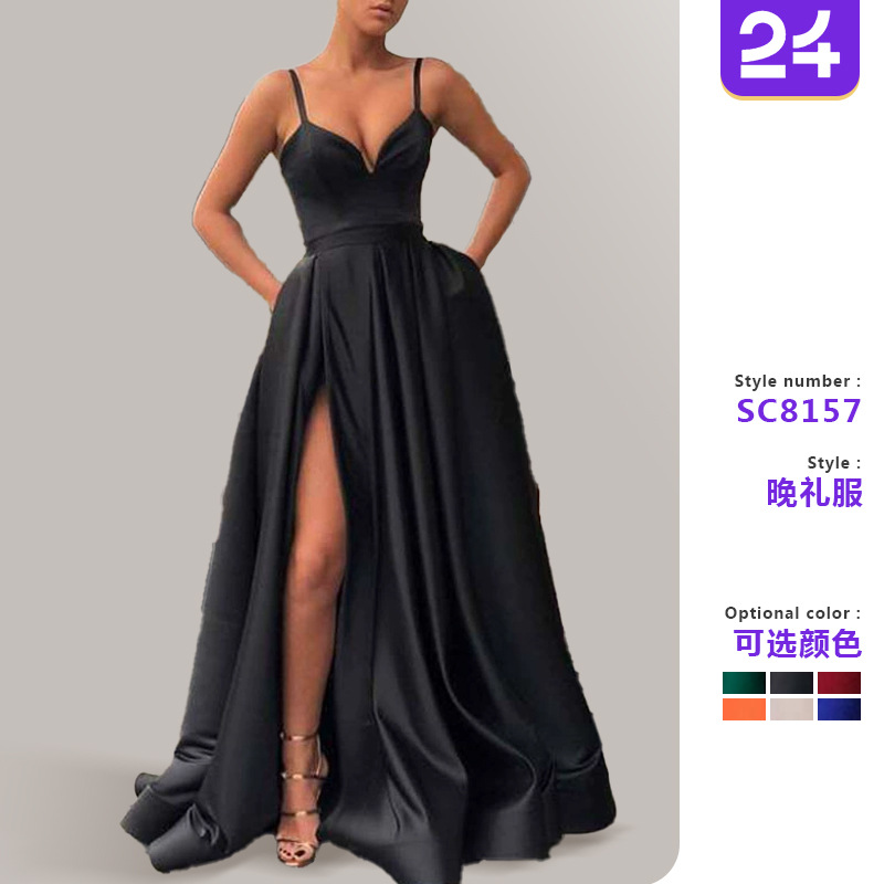 Picture of 2025 New Cross-Border Spring Amazon European and American Dress Slimming Look Pure Color Suspender Tail Banquet Satin Dress