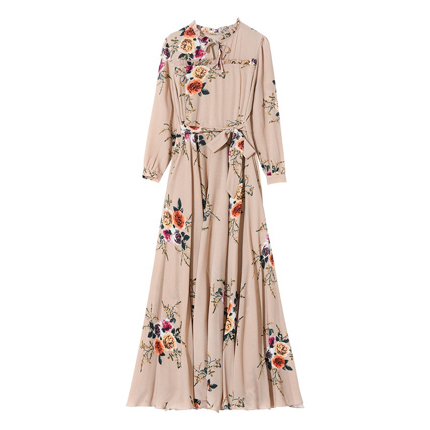 Cuihua Elegant Dress for Women 2023 New Spring & Fall Waist-Slimming Look Long-Sleeved Large Hem Printed Fairy Long Skirt
