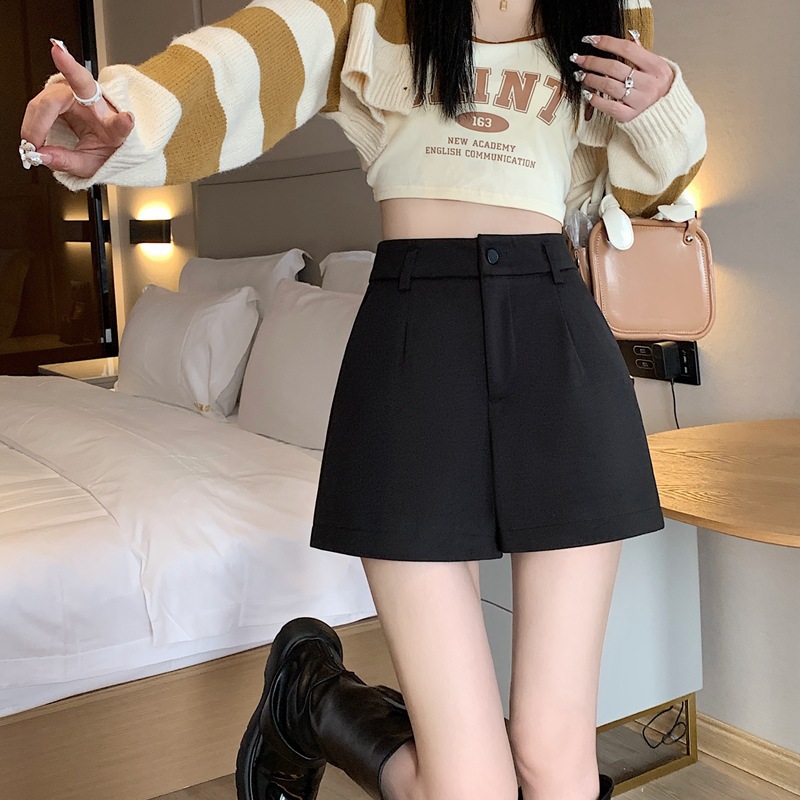 Women's wide-leg pants autumn and winter 2024 New thickened woolen black high waist A- line wide-leg shorts casual straight wide-leg