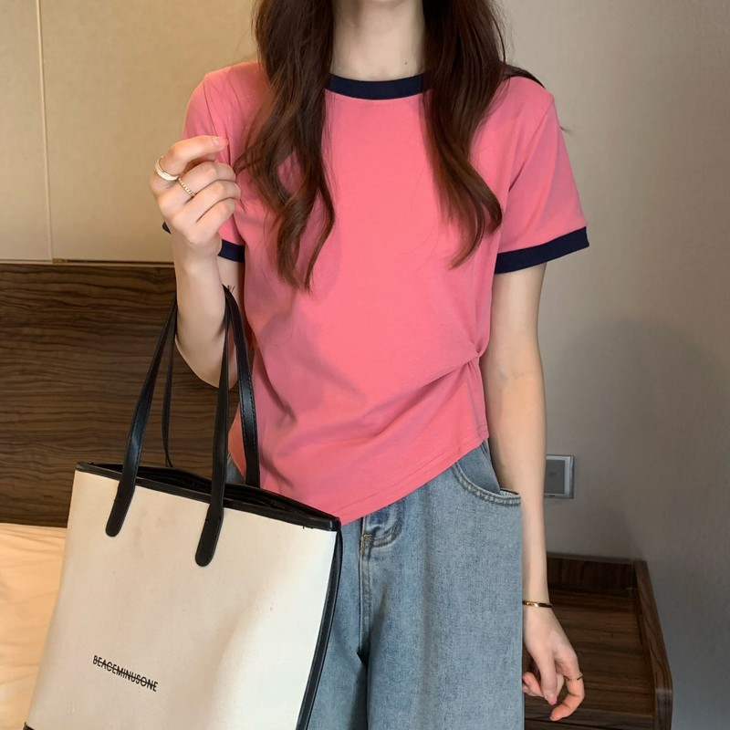 Picture of Short-Sleeved Women's Design Contrasting Color T-Shirt 2025 New Summer Fashion Chic Asymmetrical Short Student Top
