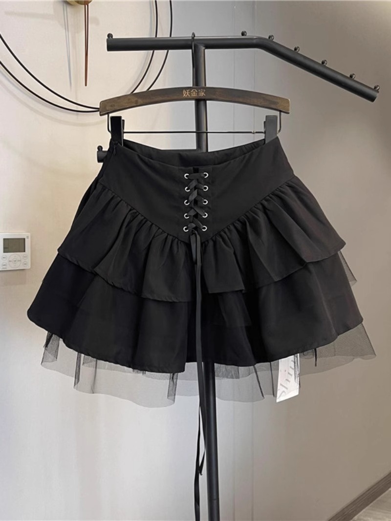 Diablo Style Mesh Stitching Autumn Yabi Style Culture Puffy Skirt Hot Girl y2k Lace-up Slim Look Cake Skirt