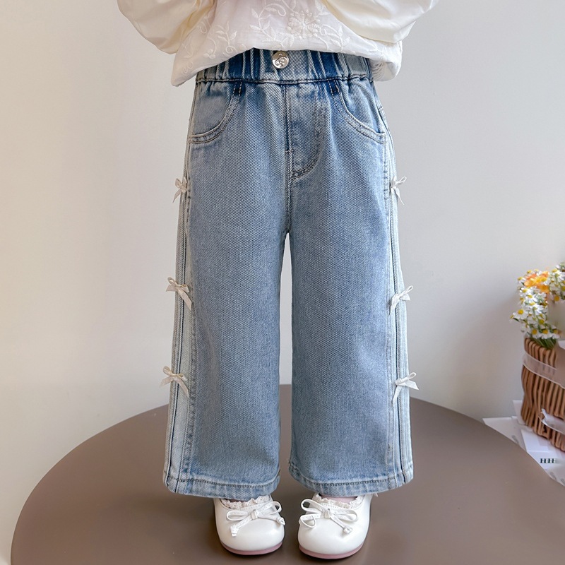 Girls' Jeans Spring 2025 New Children's Spring Pants Children's Bow Denim Wide Leg Straight Pants
