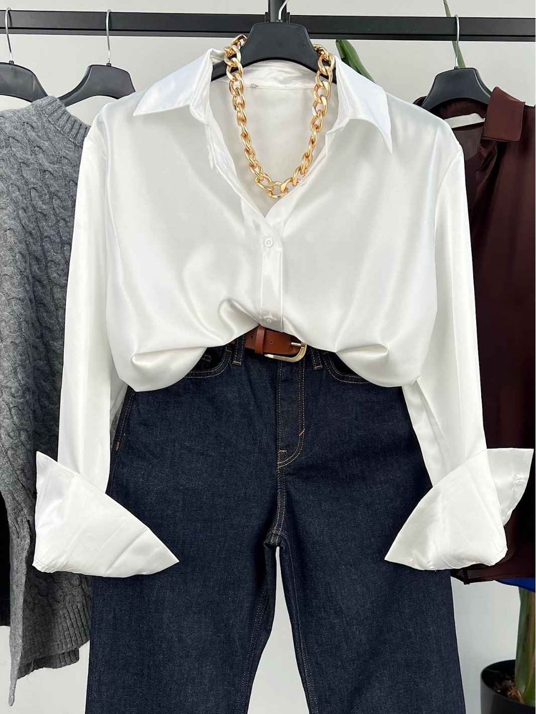 Picture of Independent station European and American cross-border lapel long sleeve button temperament slimming satin shirt women Wholesale