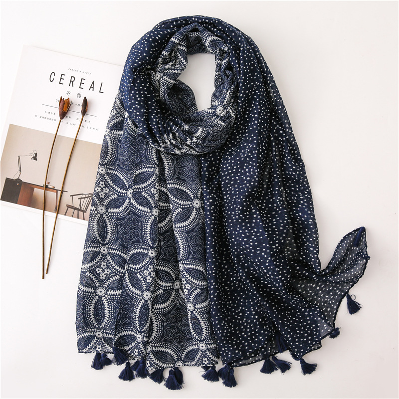 Vintage Totem Cotton and Linen Scarf Spring and Summer Korean Style navy blue Blue and White Porcelain Contrast Color Long Women's Shawl Sunscreen Dual-Use