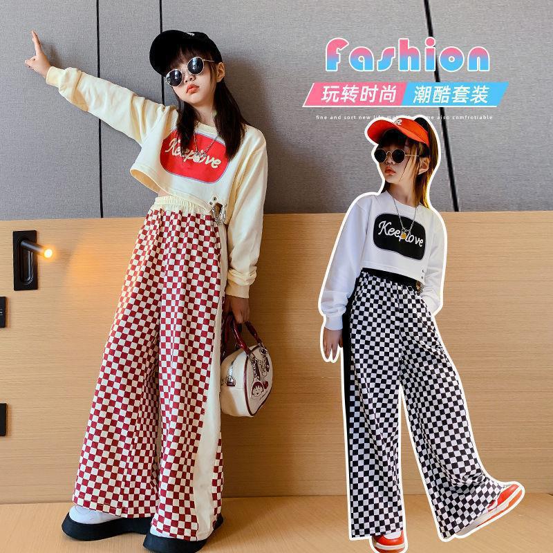 Picture of Girls' Korean style Spring and Autumn new casual suit children's western style letter short top fashionable plaid pants two-piece suit