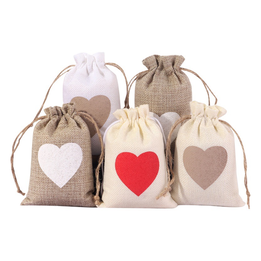 Linen love drawstring bag Christmas gift bag wholesale cross-border special for wedding party decoration linen bag in stock