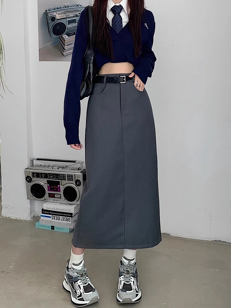 Summer plus size Gray Suit Skirt High Waist Slimming All-match Mid-length Split Hip A- line Long Skirt chubby girl
