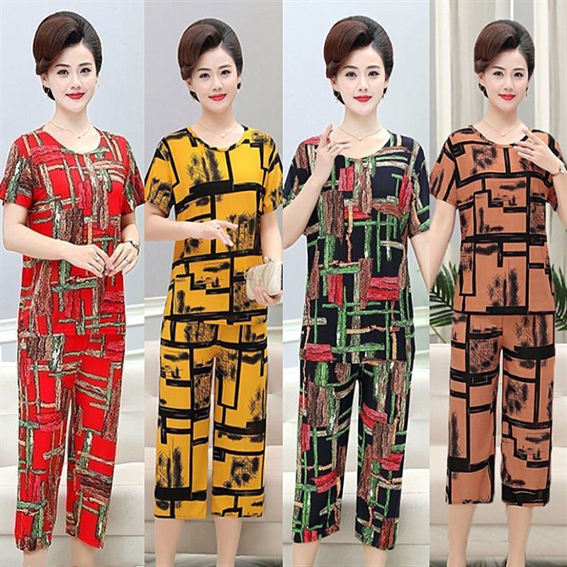 Mother Thin Suit All-match 2023 Summer New Style Middle-aged and Elderly Women's Top Summer T-shirt Ankle-length Pants Two-piece Set