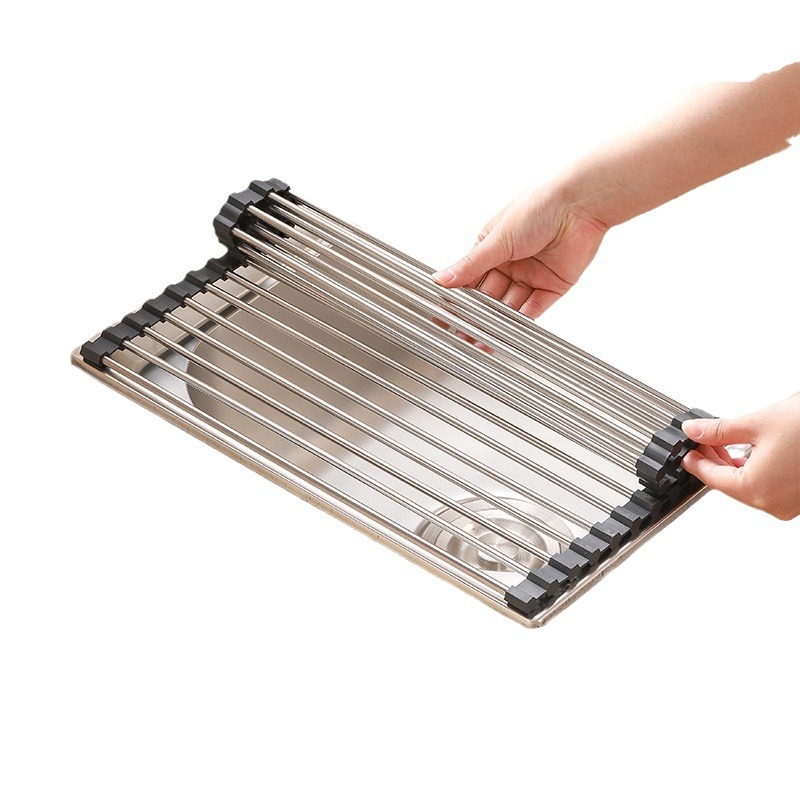 Picture of Cross-border Sink Folding Stainless Steel Drain Rack Kitchen Multifunctional Bowl and Plate Vegetable and Fruit Storage Drain Curtain for Hair